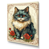 Blue Cat With Red Roses Vintage Illustration - Cat Canvas Wall Art