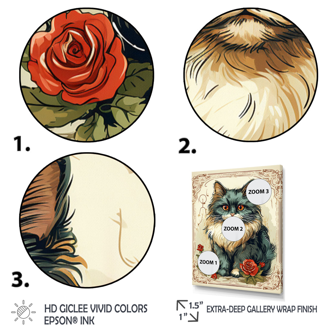 Blue Cat With Red Roses Vintage Illustration - Cat Canvas Wall Art