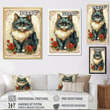 Blue Cat With Red Roses Vintage Illustration - Cat Canvas Wall Art