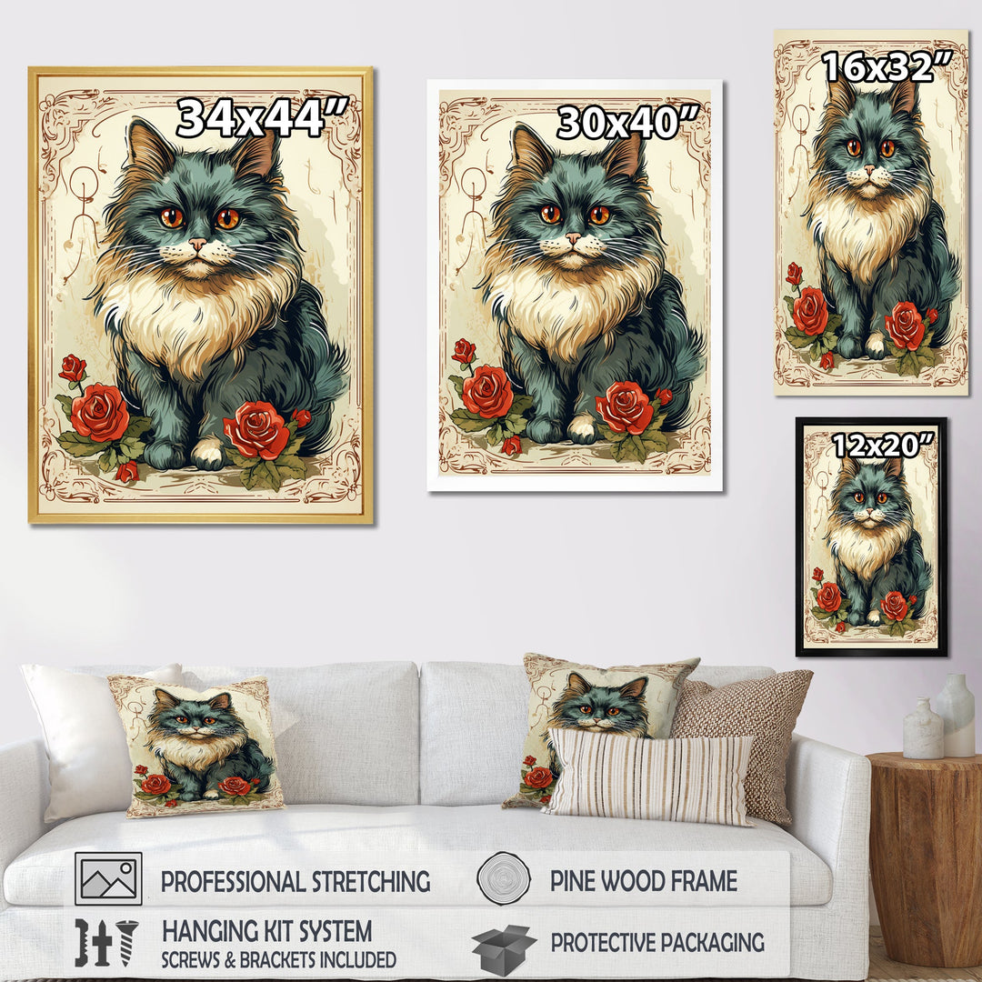 Blue Cat With Red Roses Vintage Illustration - Cat Canvas Wall Art