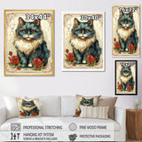 Blue Cat With Red Roses Vintage Illustration - Cat Canvas Wall Art