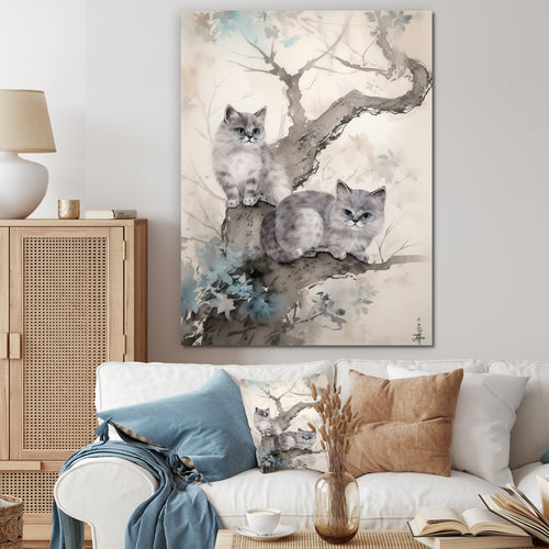 Two Gray Cats In A Tree Vintage Painting - White Cat Wall Art