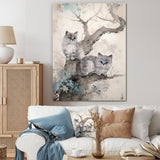 Two Gray Cats In A Tree Vintage Painting - White Cat Wall Art