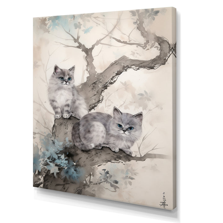 Two Gray Cats In A Tree Vintage Painting - White Cat Wall Art