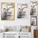 Two Gray Cats In A Tree Vintage Painting - White Cat Wall Art