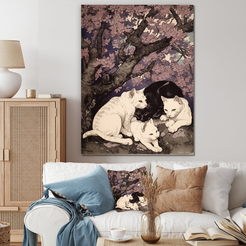 White Cats And Black Cat Sleeping Under Tree - Cat Living Room Wall Art
