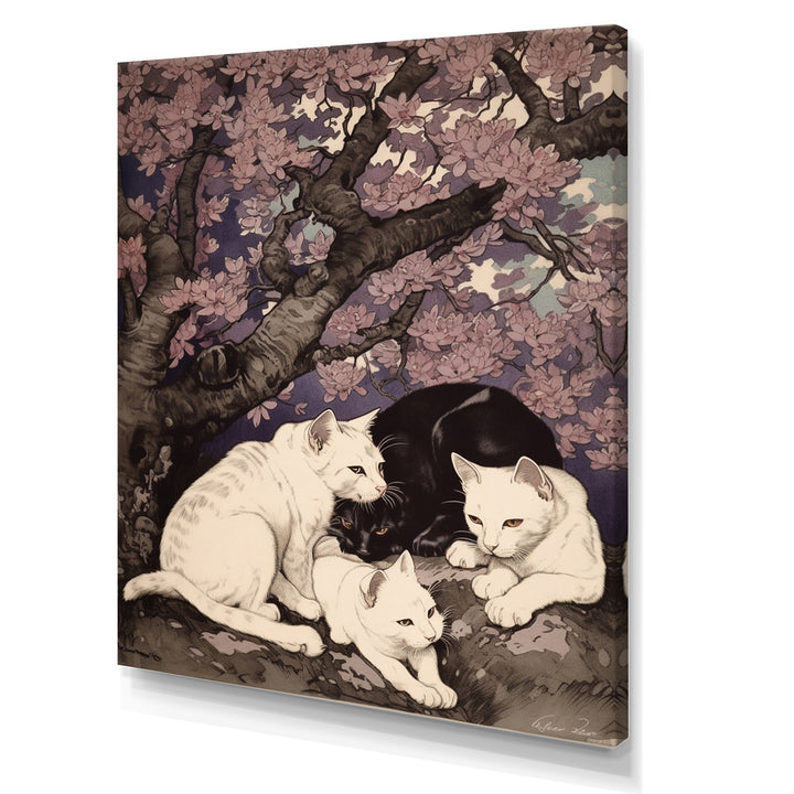 White Cats And Black Cat Sleeping Under Tree - Cat Living Room Wall Art