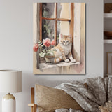 White Cat Sitting On Windowsill Watercolor - Cat Bedroom Wall Art