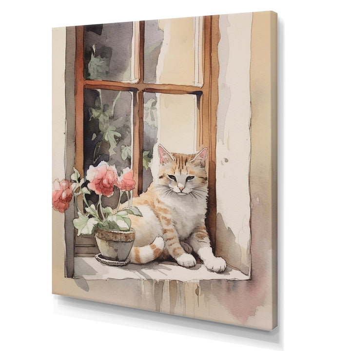 White Cat Sitting On Windowsill Watercolor - Cat Bedroom Wall Art