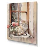 White Cat Sitting On Windowsill Watercolor - Cat Bedroom Wall Art