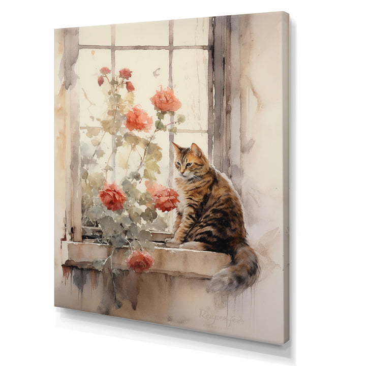 Brown Cat Sitting On Windowsill Watercolor - Cat Canvas Wall Art