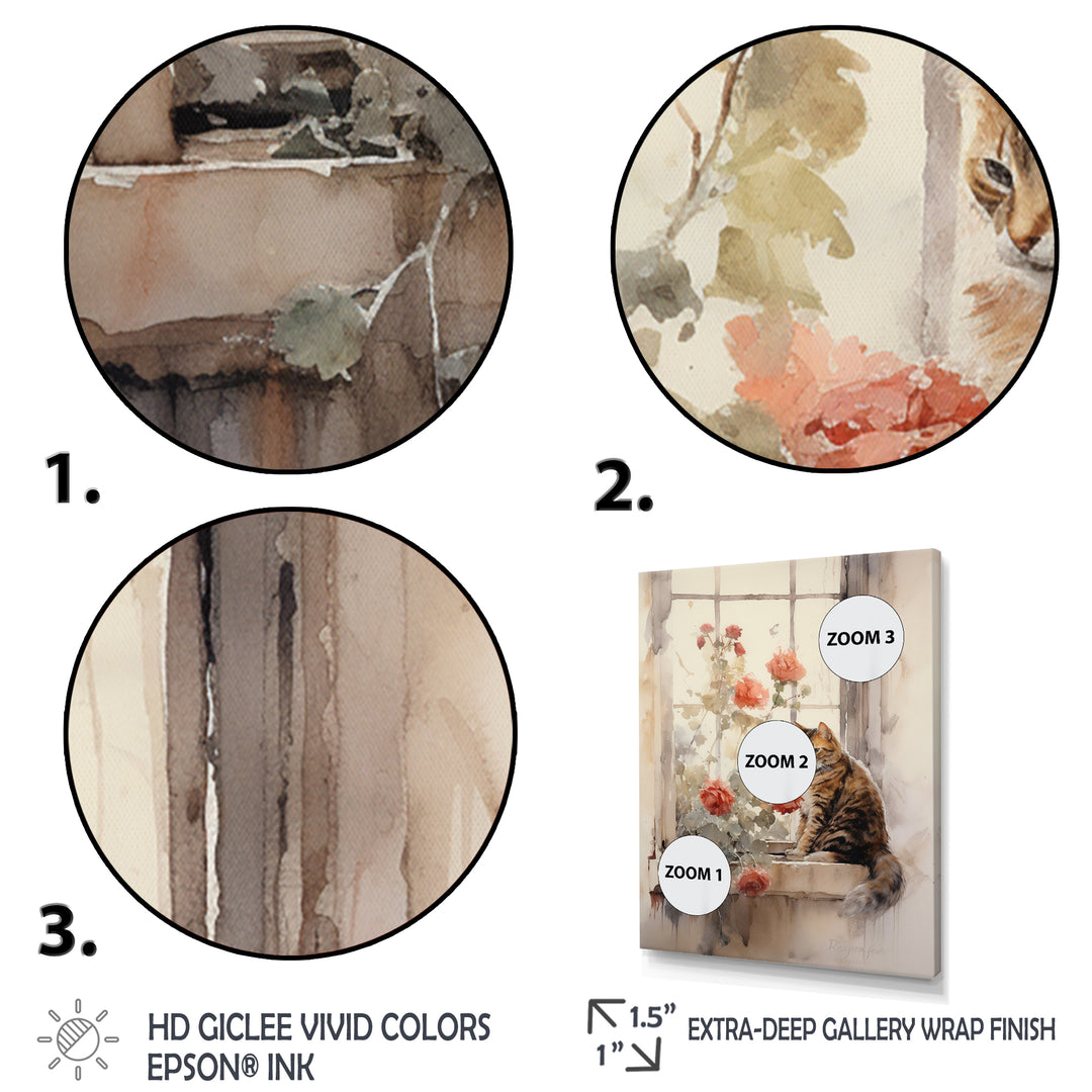 Brown Cat Sitting On Windowsill Watercolor - Cat Canvas Wall Art