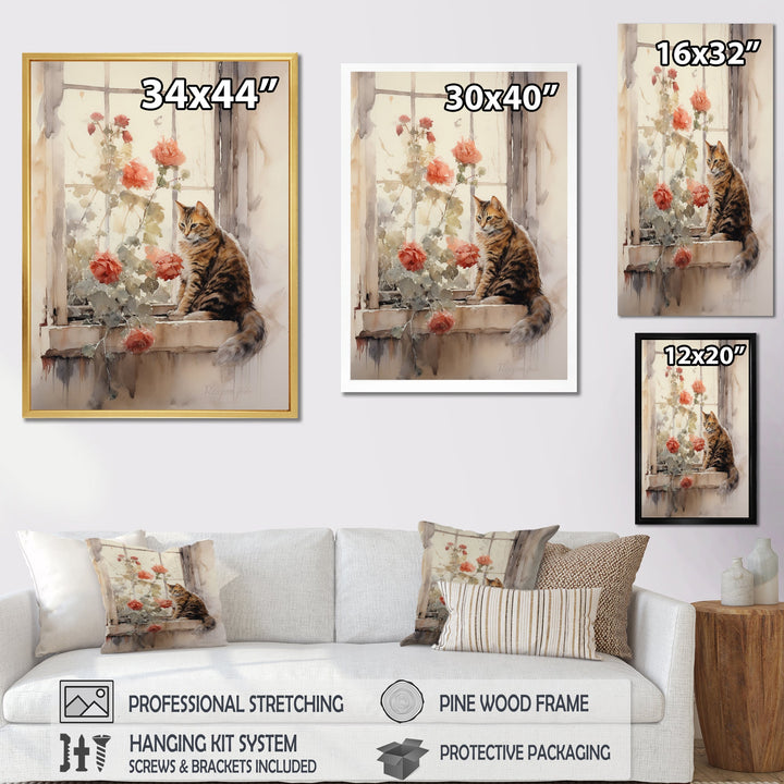 Brown Cat Sitting On Windowsill Watercolor - Cat Canvas Wall Art