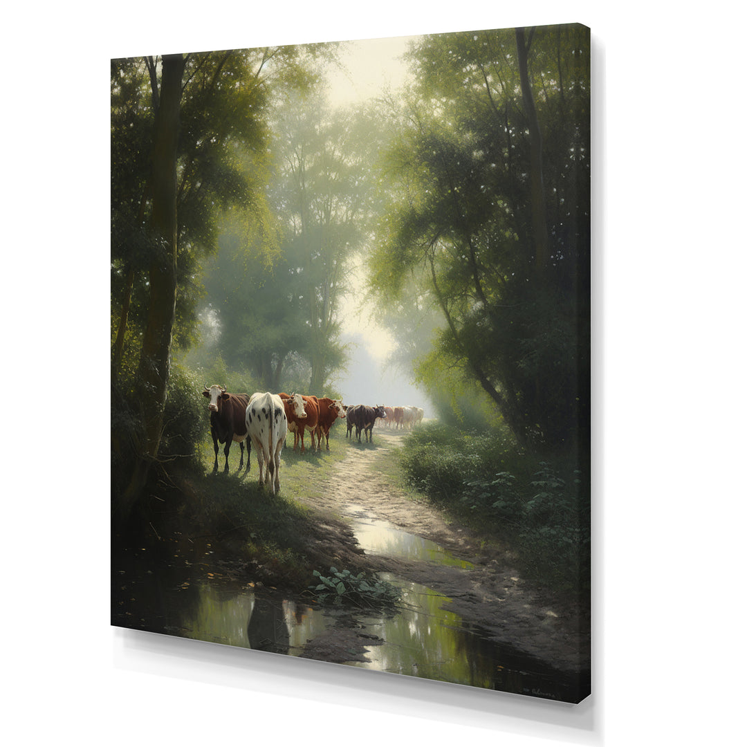 Cattle Cows Walking Near A Pond Rural Scene - Cow Large Canvas Wall Art