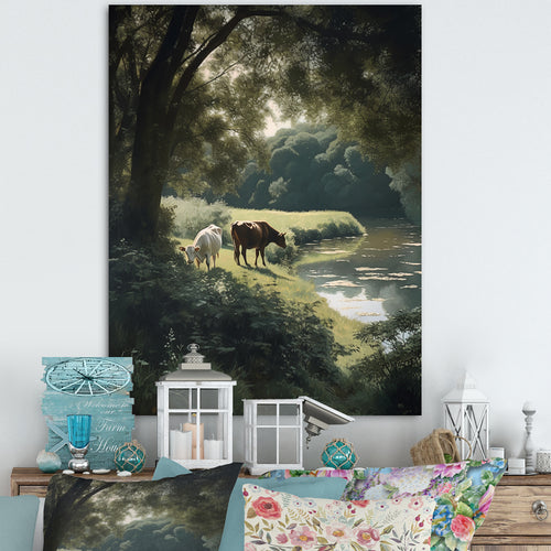 Cows Walking Near A Lake Rural Scene - Cow Living Room Wall Art