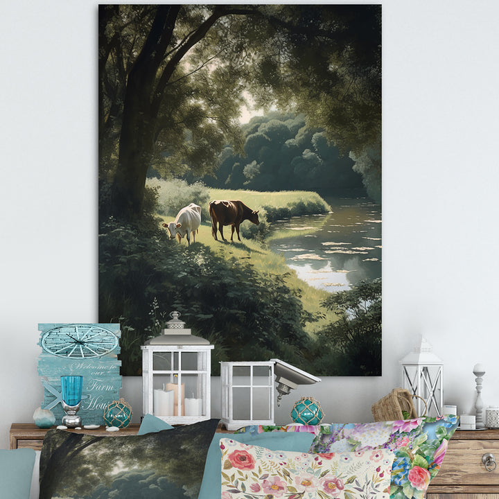 Cows Walking Near A Lake Rural Scene - Cow Living Room Wall Art