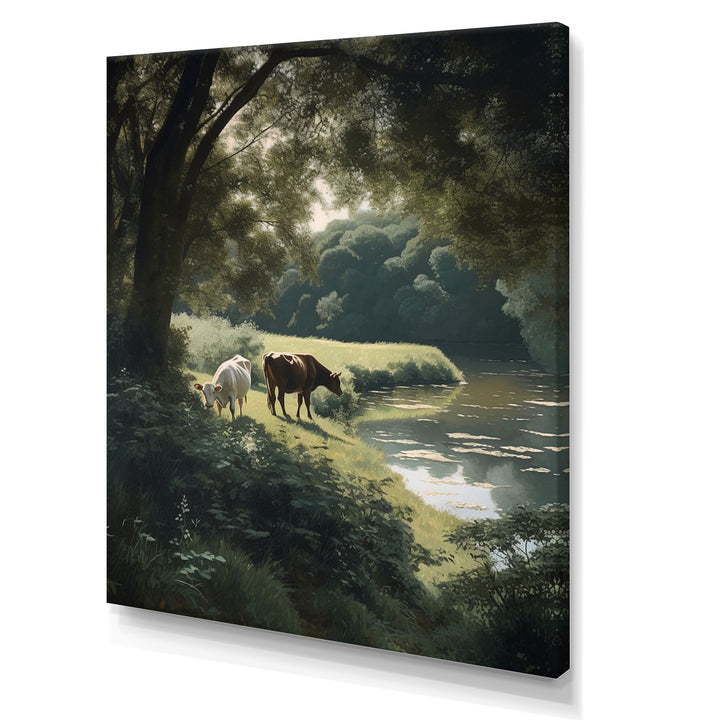 Cows Walking Near A Lake Rural Scene - Cow Living Room Wall Art