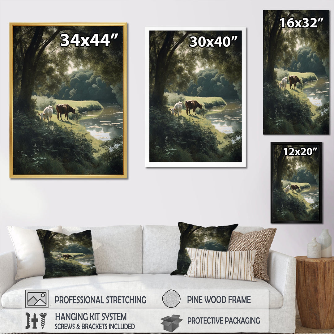 Cows Walking Near A Lake Rural Scene - Cow Living Room Wall Art