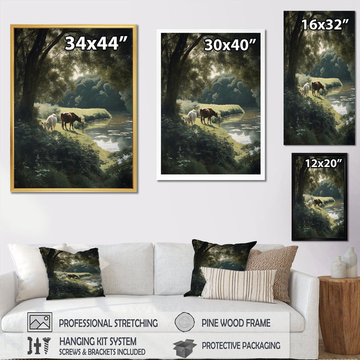 Cows Walking Near A Lake Rural Scene - Cow Living Room Wall Art