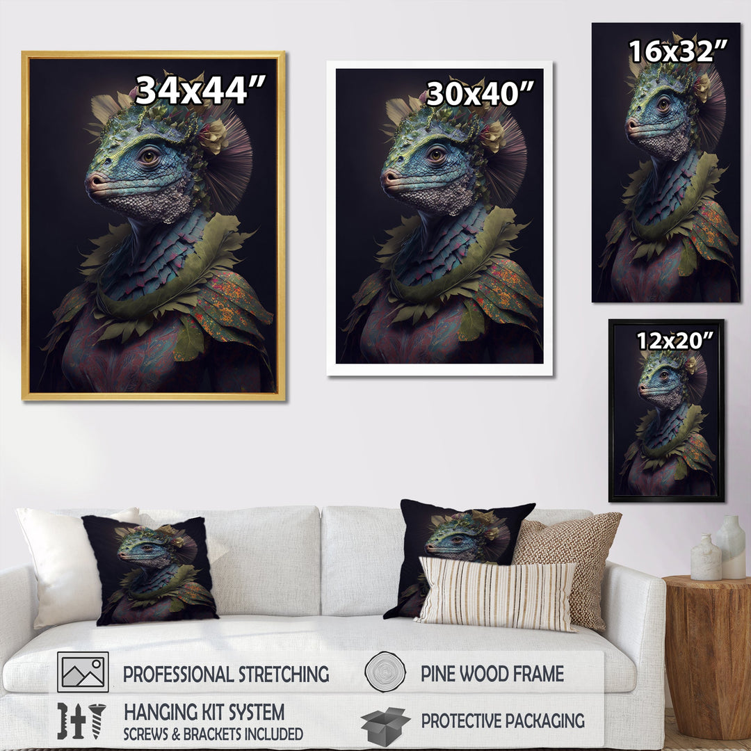 Blue Dino Wearing Reptile Suit - Dinosaur Framed Canvas Art