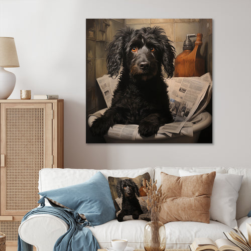 Dog Reading Newspaper On Toilet - Dog Wall Decor