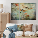 Vintage Painting Of Dragonfly Flying - Multi-Panels