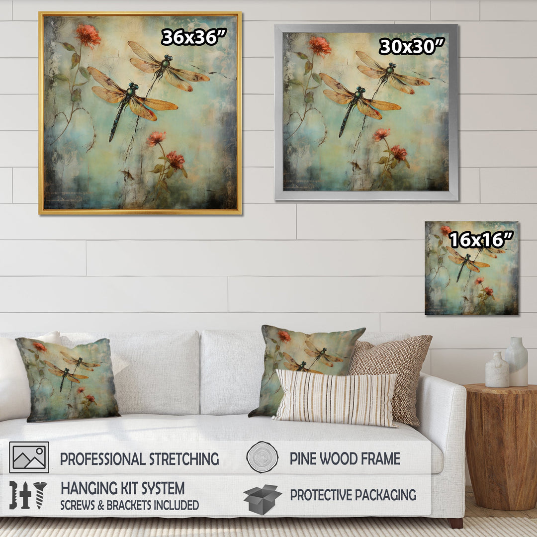 Vintage Painting Of Dragonfly Flying - Dragonfly Framed Canvas Art