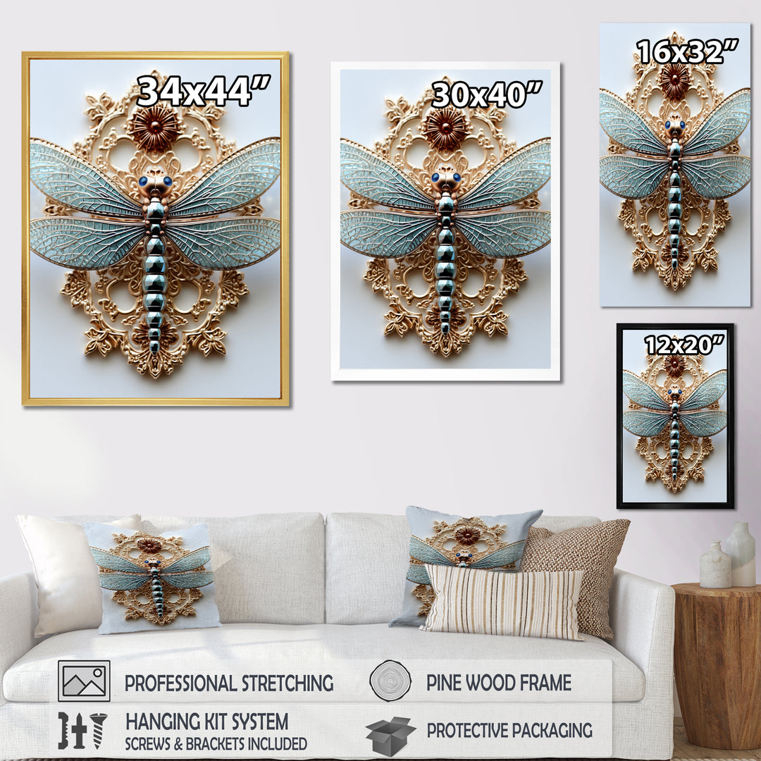 Blue Vintage Dragonfly On Gold - Dragonfly Canvas Wall Art