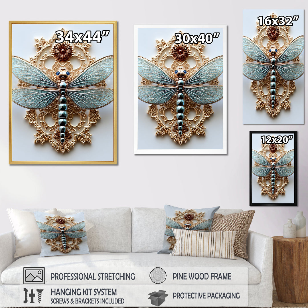 Blue Vintage Dragonfly On Gold - Dragonfly Canvas Wall Art