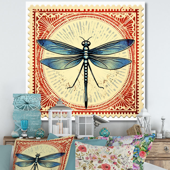 Retro Stamp Illustration Of Blue Dragonfly - Dragonfly Canvas Wall Art