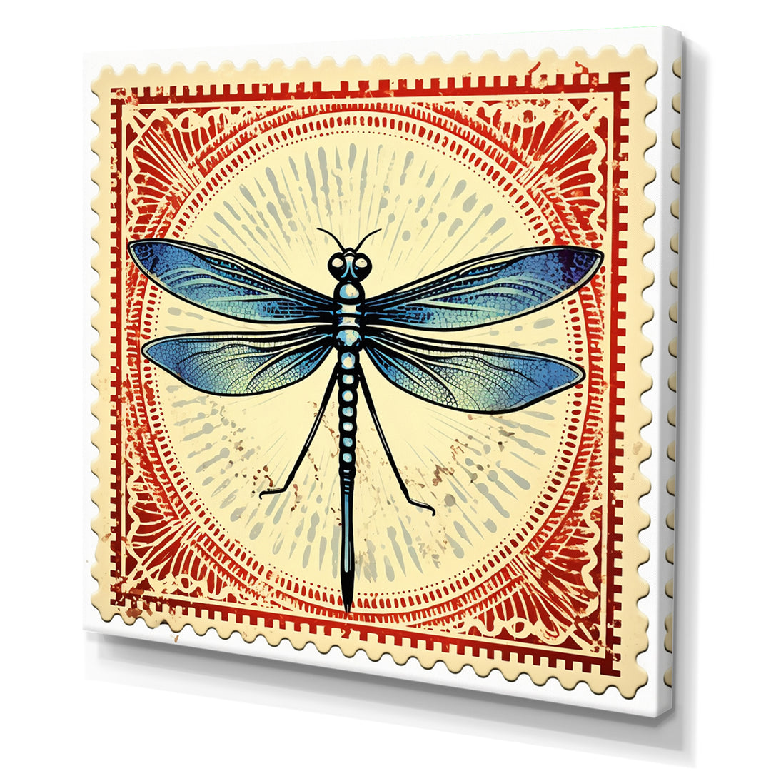 Retro Stamp Illustration Of Blue Dragonfly - Dragonfly Canvas Wall Art