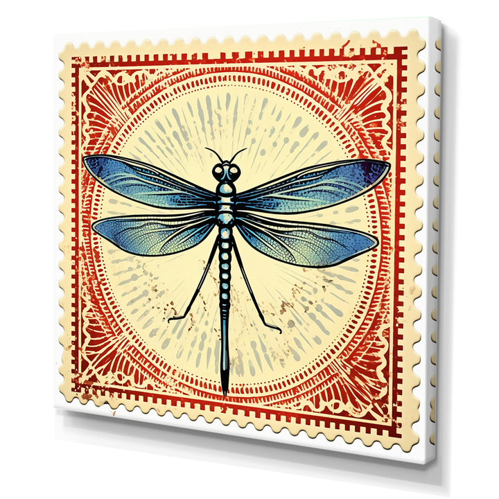 Retro Stamp Illustration Of Blue Dragonfly - Dragonfly Canvas Wall Art