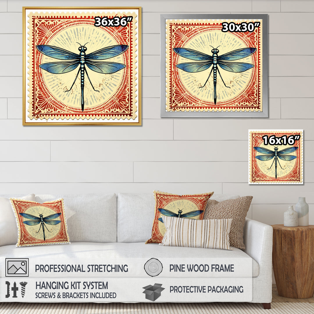 Retro Stamp Illustration Of Blue Dragonfly - Dragonfly Canvas Wall Art