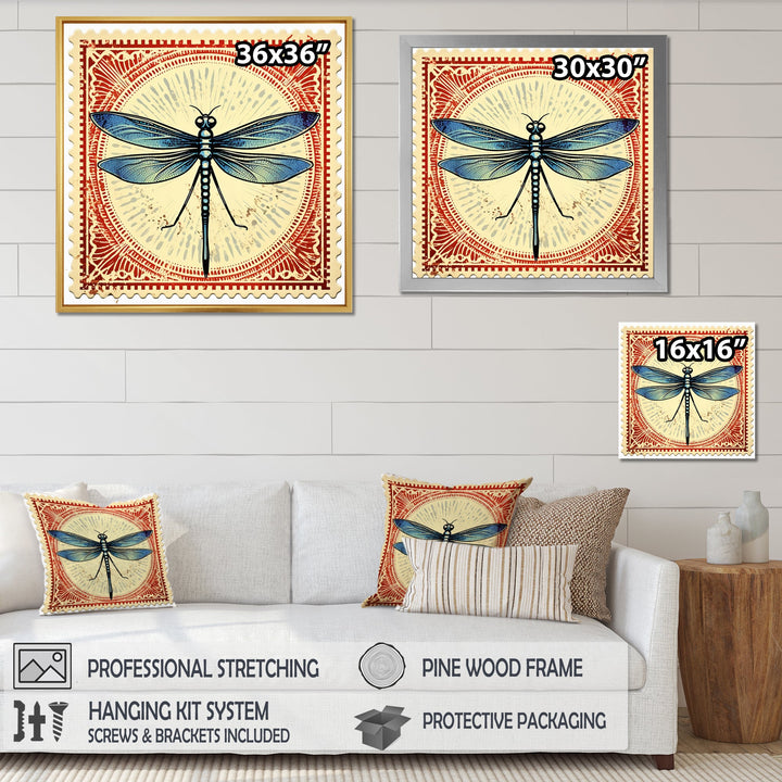 Retro Stamp Illustration Of Blue Dragonfly - Dragonfly Canvas Wall Art