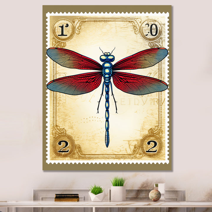 Retro Stamp Illustration Of Red Dragonfly - Blue Dragonfly Wall Art