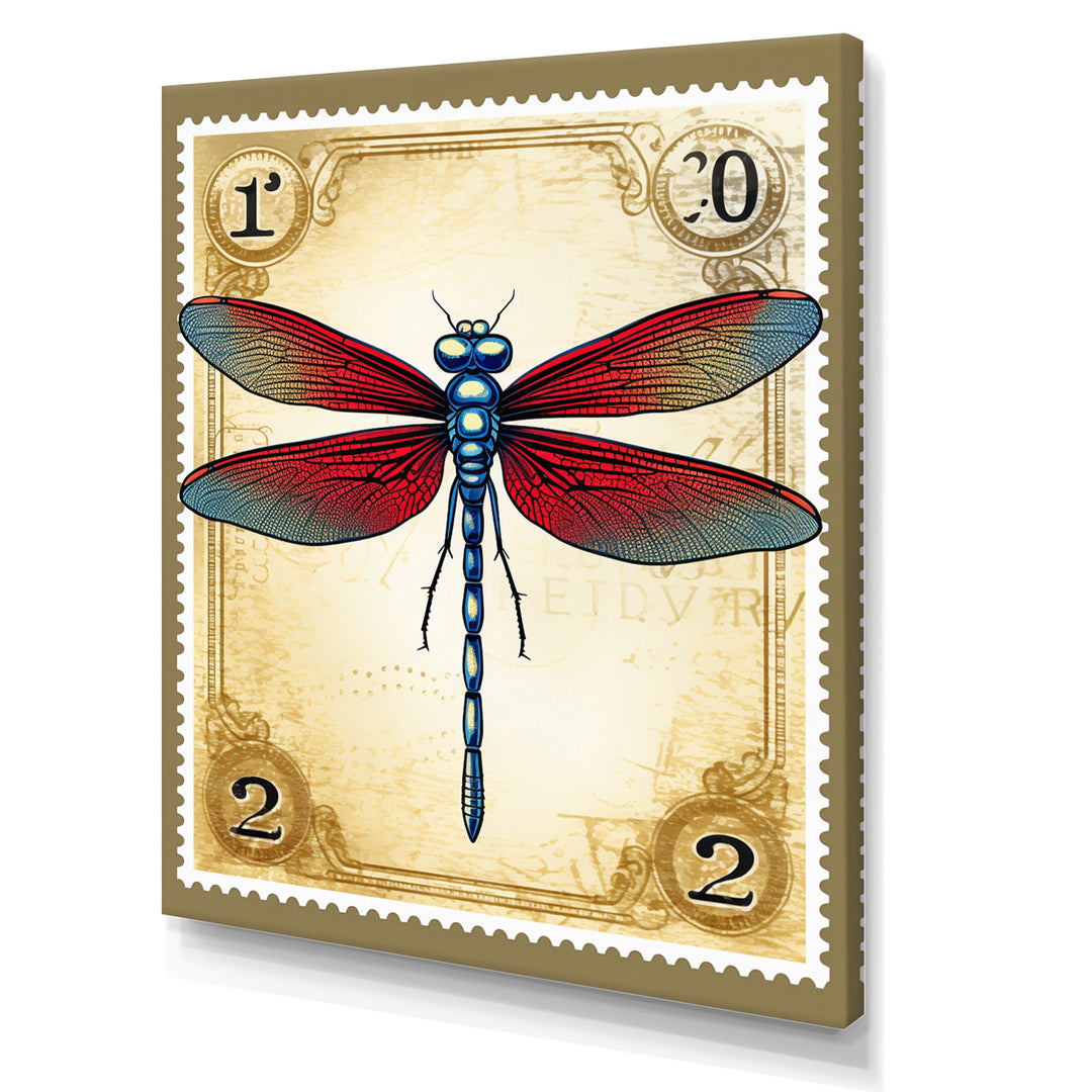 Retro Stamp Illustration Of Red Dragonfly - Blue Dragonfly Wall Art