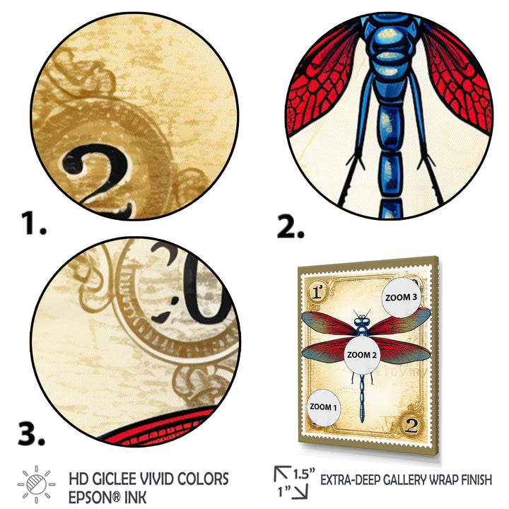 Retro Stamp Illustration Of Red Dragonfly - Blue Dragonfly Wall Art
