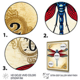 Retro Stamp Illustration Of Red Dragonfly - Blue Dragonfly Wall Art