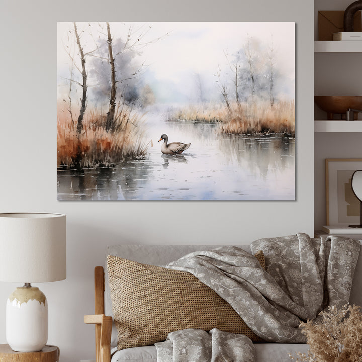 Duck In The Misty Pond At Dawn Watercolor - Duck Large Canvas Wall Art