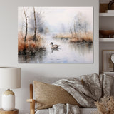 Duck In The Misty Pond At Dawn Watercolor - Duck Large Canvas Wall Art