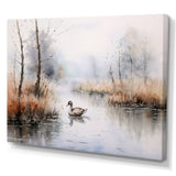 Duck In The Misty Pond At Dawn Watercolor - Duck Large Canvas Wall Art