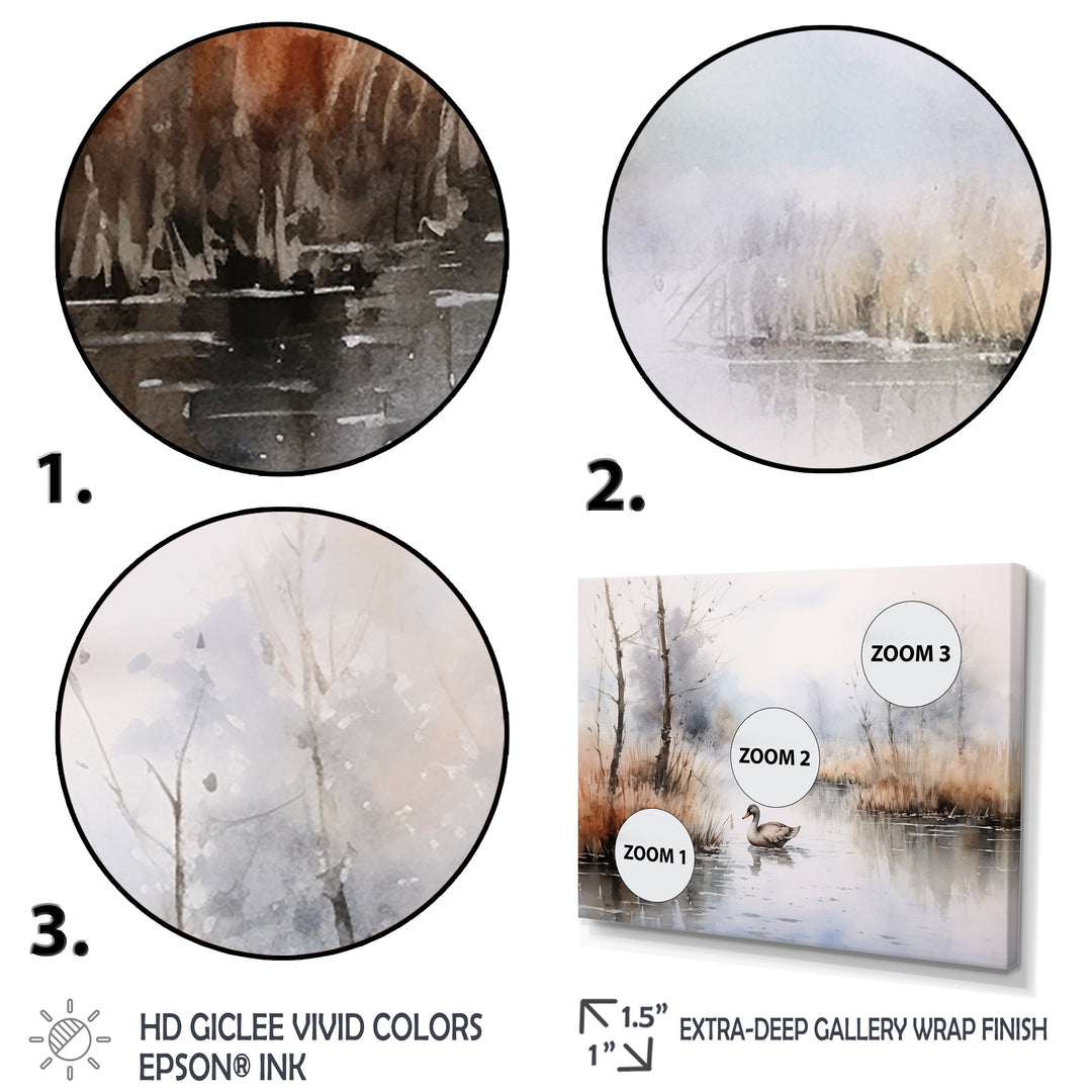Duck In The Misty Pond At Dawn Watercolor - Duck Large Canvas Wall Art