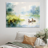 Ducks Swimming In Spring Pond Watercolor - Duck Living Room Wall Art