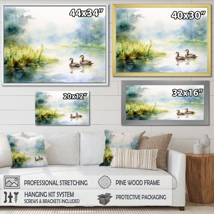Ducks Swimming In Spring Pond Watercolor - Duck Living Room Wall Art