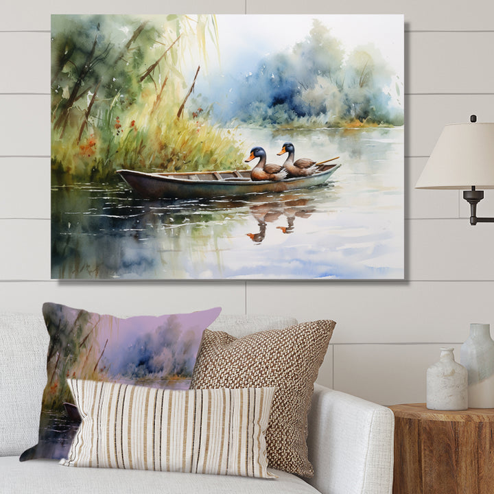 Ducks In A little Boat On The Lake - Duck Bedroom Wall Art