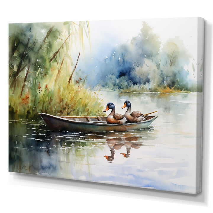 Ducks In A little Boat On The Lake - Duck Bedroom Wall Art