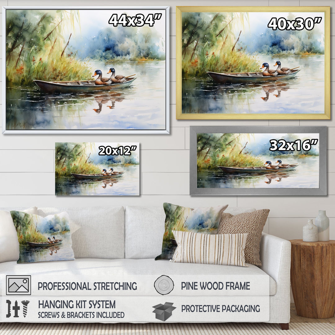 Ducks In A little Boat On The Lake - Duck Bedroom Wall Art