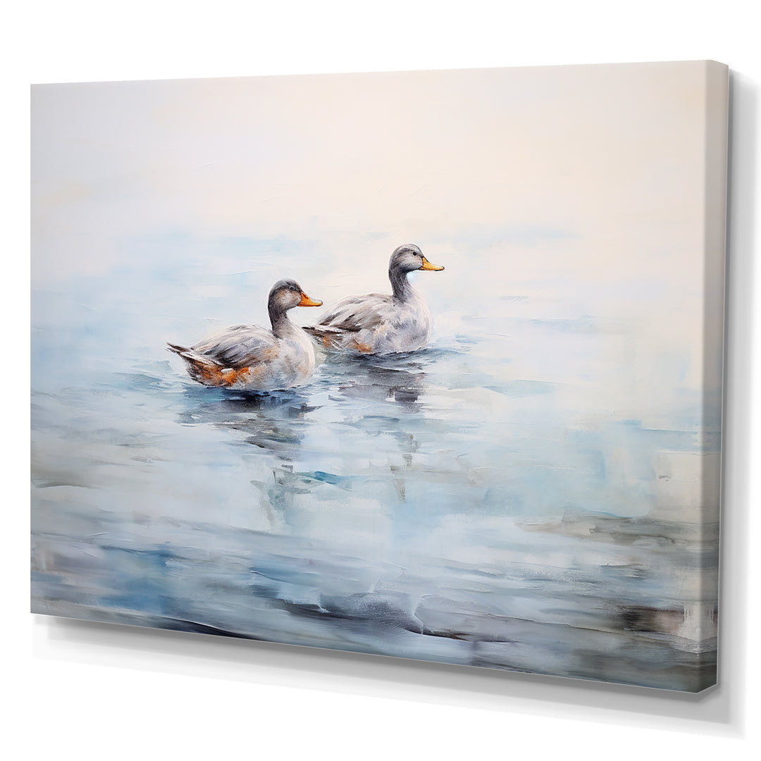 Brown Ducks Swimming Misty Morning Lake - Duck Canvas Wall Art
