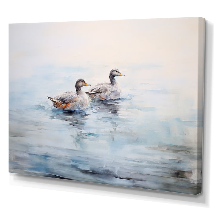 Brown Ducks Swimming Misty Morning Lake - Duck Canvas Wall Art