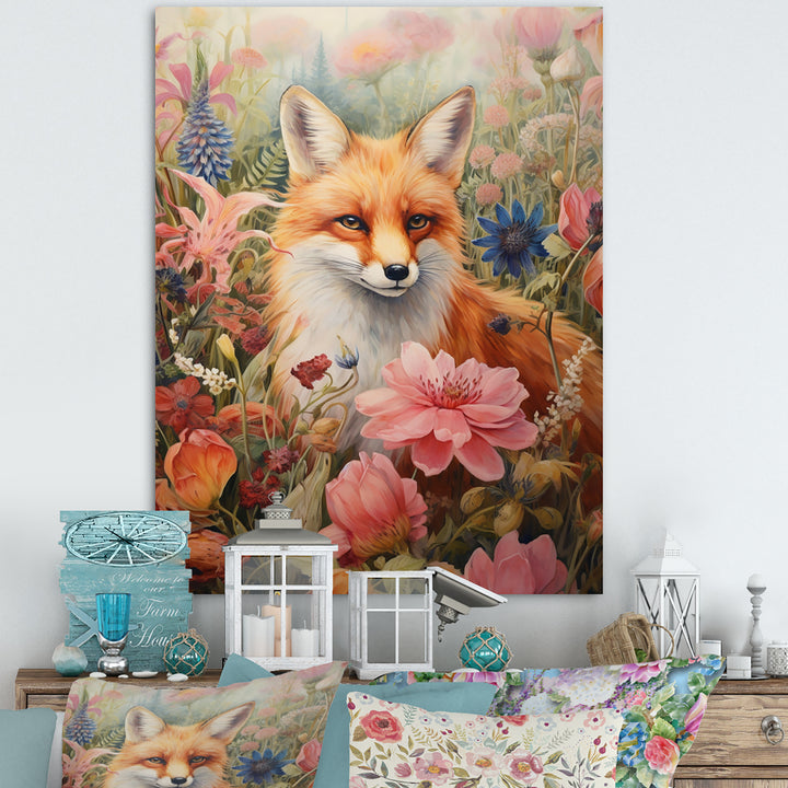 Cute Orange Fox In Flower Field - Orange Fox Wall Art